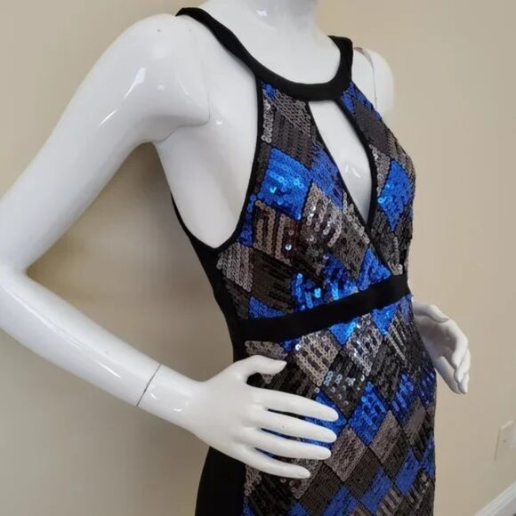 2B Bebe Black/Blue/Silver Sequin Sleeveless Cocktail Mini Dress SZ M - Picture 3 of 7